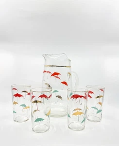 Vintage Mid Century Umbrella Pitcher & Glass Set • Retro MCM Drinkware - Picture 1 of 20