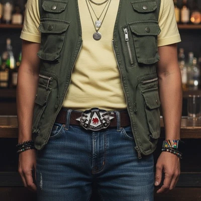 Uomo Donna Cintura Fibbia Metallo Argento Teschio Cilindro Apmany Colver Foglia - Immagine 1 di 4