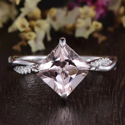Anillo de piedras preciosas de diamantes morganita natural princesa de 5,50 quilates enchapado en oro blanco de 18 quilates Foto 1 de 4