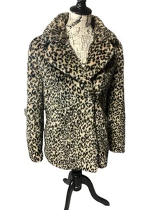 DKNY JEANS Faux Fur Leopard Coat Swing Print Party Coat Womens Small - Picture 1 of 14