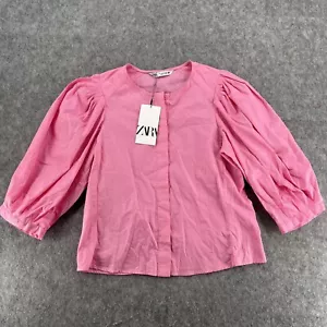 Zara Blouse Pink S Balloon Sleeve Button Top NEW - Picture 1 of 13