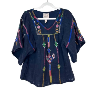 Peek Embroidered Top Girl's Medium Navy Blue Cotton Floral Boho Tunic Beachy 7 - Picture 1 of 14