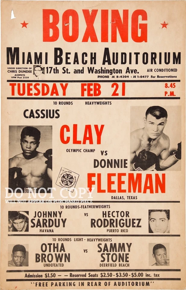 Cassius Clay Boxing Poster 11 X 17 - Rare 1961 Donnie Fleeman Bout - Miami Beach - Image 1 of 1