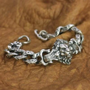 High Details Lion Bracelet 925 Sterling Silver Mens Biker Rock Chain TA146C - Picture 1 of 23