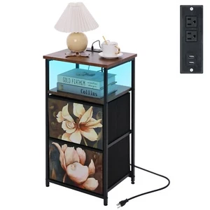 Nightstand with Charging Station LED Light Drawers Shelf Bedroom Side End Table - Picture 1 of 29