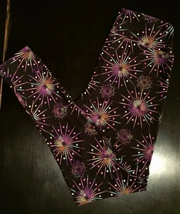 NWT OS LuLaRoe PURPLE STARBURST Leggings Unicorn HTF BLACK Background FREE SHIP - Picture 1 of 4