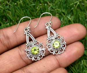 Natural Peridot Gemstone Earrings 1.50",925 Solid Sterling Silver - Picture 1 of 5