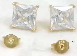 Real 14k Gold Clad .925 Sterling Silver Princess Cut Square Diamond Stud Earring - Picture 1 of 18