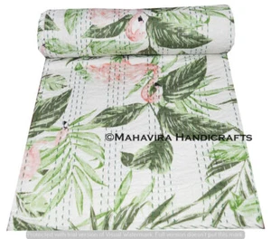 Flamingo Bird Print Cotton White Kantha Quilt boho Coverlet Queen size Bedspread - Picture 1 of 6