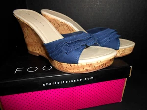 Charlotte Russe Size 10 Cork Wedge Espadrille Peep Toe Platform Shoes Navy NIB - Picture 1 of 10