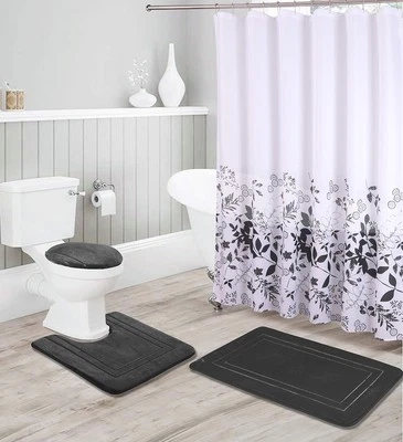 Conjunto Juego De Baños Completo Gris Cortinas 4 Piezas Alfombras Impermeável Baño EUA - Imagem 1 de 2