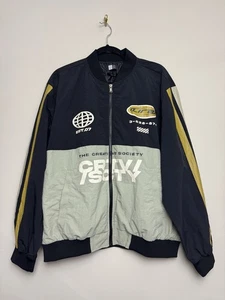 Lira Men’s Nylon Bomber Jacket Size Large Black Graphic Moto Full Zip Streetwear - Picture 1 of 6