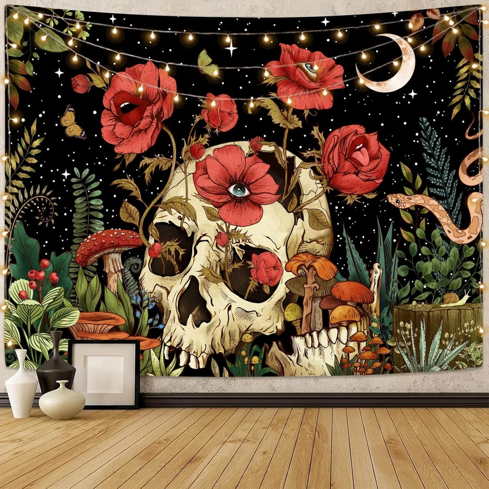 Tapiz Floral Calavera, Trippy Seta Esqueleto Jardín Gótico Tapices Estéticos Foto 1 de 4