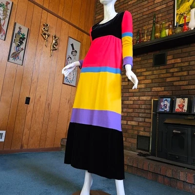 Винтажный 60-х 70-х годов моды футуристический Colorblock полоски бархата шерсти Twiggy макси платье XS/S - Изображение 1 из 4