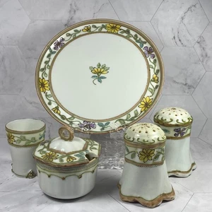 Lovely Antique Nippon Condiment Set: 2 Shakers, Relish Pot, Toothpick Vase, Tray - Picture 1 of 22