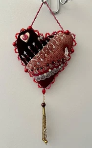 HANGING HEART beaded *100% HANDMADE* embroidered, velvet, silk, satin, tassel - Picture 1 of 9