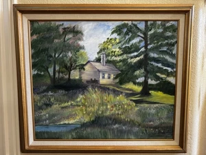 Pintura al óleo vintage de Marge Shaheen cabaña de primavera Cocoa Beach Florida 25x29 - Imagen 1 de 12