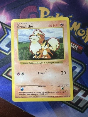 Juego de cartas coleccionables Pokémon Growlithe conjunto base cartas sin sombras 28/102 WOTC de colección HP Foto 1 de 2