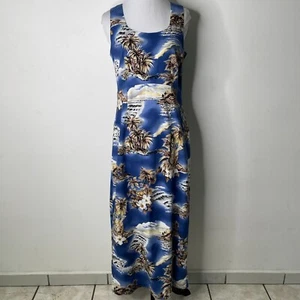 Hilo Hattie Women's Blue Hawaiian Palm Trees Print Scoop Neck Maxi Dress Size 6 - Picture 1 of 8