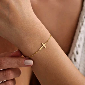 14K Gold Plated Cross Bracelet Minimalist Dainty Women Religious Jewelry Gift - Picture 1 of 8