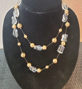 Vintage Oscar de la Renta Clear Lucite and Gold Beads Station Necklace 40" - Picture 1 of 13