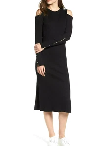 Current/Elliott Going Steady Midi Ribbed Dress SZ 0 Black Cut Out Shoulder - Picture 1 of 8