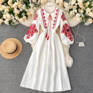 Bohemian Ethnic Embroidery Flower Round Neck Lantern Sleeve Womens Loose Dress - Picture 1 of 17