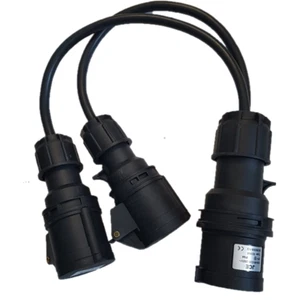 Black 32A Plug to 2 x 16A Sockets 1.5mm 0.5m IP44 Power Splitter Stage Lighting - Picture 1 of 2