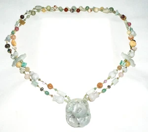 Vintage Chinese Jadeite Jade & Hard-stone Bead Necklace w. Jade Pendant (---) - Picture 1 of 13