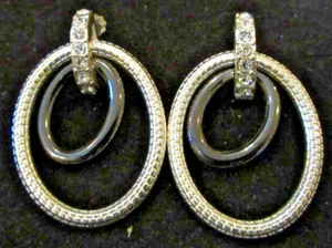 Black & Silver Tone Metal w/ Pave Set Rhinestones Multi Ring Dangle Earrings - Picture 1 of 4