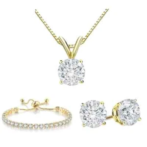 18K Yellow Gold Created White Round Necklace, Earrings & Tennis Bracelet Plated - Picture 1 of 1