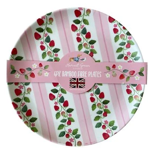 Harvest Green STRAWBERRY Bamboo Dinner Plates 10in Pink & White Set of 4 New - Picture 1 of 10
