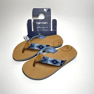 New Peter Millar x Hari Mari Youth Size 1 Flip Flops Sandals Shoes Blue/Tan - Picture 1 of 13