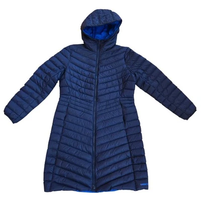 Lands End Womens Sz S Down Coat Navy Puffer Long Nylon Hood Lightweight Packable - Image 1 of 4