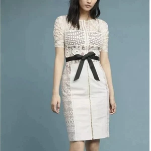 Lace Anthropologie Dress Sleeves Bow Sheath Pencil White Cream 12 Petite - Picture 1 of 16
