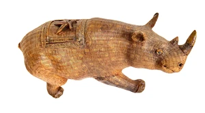 Vintage Mid-Century fein gewebte Nashorn Korb Box Skulptur, Shanghai China 15" - Bild 1 von 19