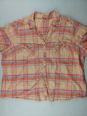 Blusa feminina 3X xadrez Sherbet laranja manga 3/4 aba rolante botão para cima gola V - Imagem 1 de 4