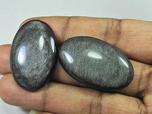 36-38MM AAA Silver Obsidian Oval Stone 2Pcs Cabochon Loose Gemstone 78Cts. E737 - Picture 1 of 9