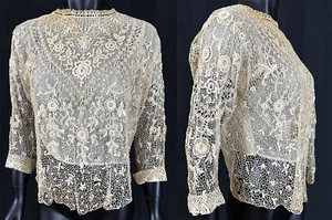 Vintage Edwardian Sheer Ivory Lace Silk Lined Amber Button Back Blouse Shirt Top - Picture 1 of 3