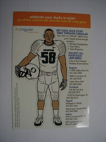 Cingular U O University Oregon Ducks Football Magnet 2006 #58 White Uniform UO Cover
