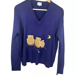 Suéter Vintage Lilly Dache Azul Marino Cuello en V 3 Búhos 100% Acrílico Talla XL - Imagen 1 de 5
