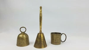 Solid Brass Lot ~ Vintage India ~ 2 Bells & Cup w/ Handle ~ Decorative Engraving - Picture 1 of 12