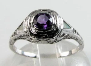 CLASS 9k 9CT WHITE GOLD AMETHYST AUS OPAL ART DECO INS FILIGREE RING FREE RESIZE - Picture 1 of 6