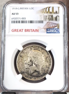 1918 GREAT BRITAIN SILVER 1/2 CROWN GEORGE V NGC AU 53 SCARCE HIGH GRADE - Picture 1 of 3