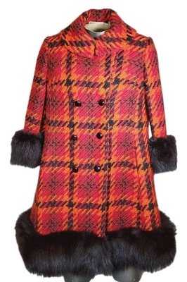 VTG '60s Lilli Ann Scottish Knit Plaid Red Swing Coat Fox Fur Trim Women's M* - Image 1 of 4