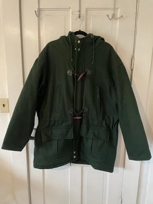 Vintage Trader Bay Men’s Wool Duffle Coat Green Wool Hooded Longer Lined Quilted - Image 1 of 4