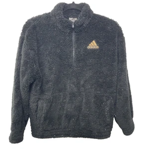 Adidas Girls Sweatshirt XL 16 Black Gold Sparkle Mock Neck Sherpa Fuzzy 1/4 Zip - Picture 1 of 10