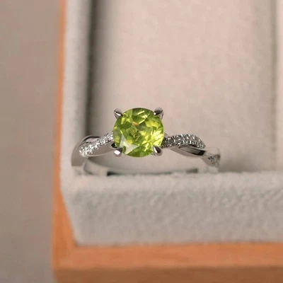 1.20 Ct Round Cut Natural Peridot & Diamond Wedding Ring 14K Solid White Gold - Image 1 of 4