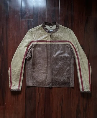 Wilsons M Julian Brown Leather Cafe Racer Moto Biker Striped Jacket Men Medium - Image 1 of 4