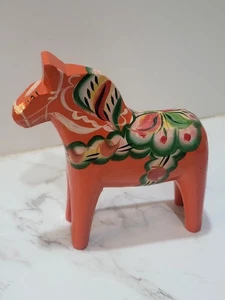 Vintage Swedish Nils Olsson Orange Red Wooden Dala Horse - Picture 1 of 8